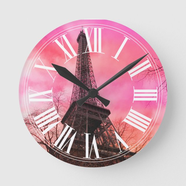 PixDezines pink paris/eiffel tower Round Clock (Front)