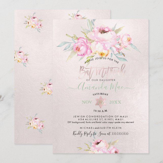 PixDezines Pink Peonies Watercolor Bat Mitzvah Invitation (Front/Back)