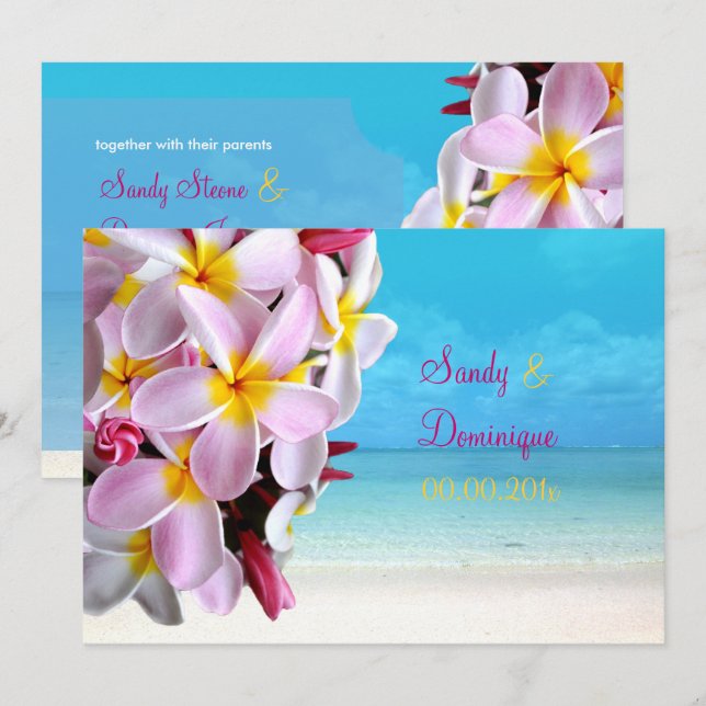 PixDezines PINK PLUMERIA LEI /BEACH WEDDING Invitation (Front/Back)