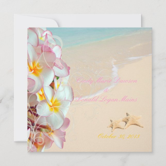 PixDezines PINK PLUMERIA+STARFISH+SWIRLS+BEACH Invitation (Front)