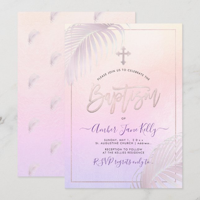 PixDezines Pink Silver Palms Baptism Invitation (Front/Back)