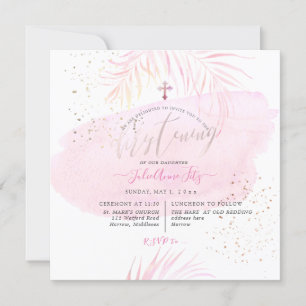 PixDezines Pink Watercolor Palms Christening Invitation