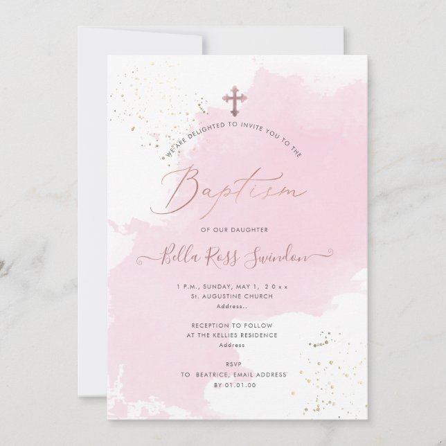 PixDezines Pink Watercolor Swatch Baptism Invitation (Front)