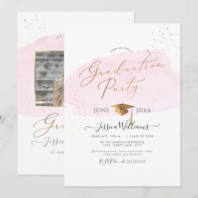 PixDezines Pink Watercolor Swatch Graduation Party Invitation (Front/Back)