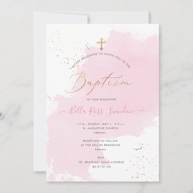 PixDezines Pink Watercolor Washed Baptism Invitation (Front)