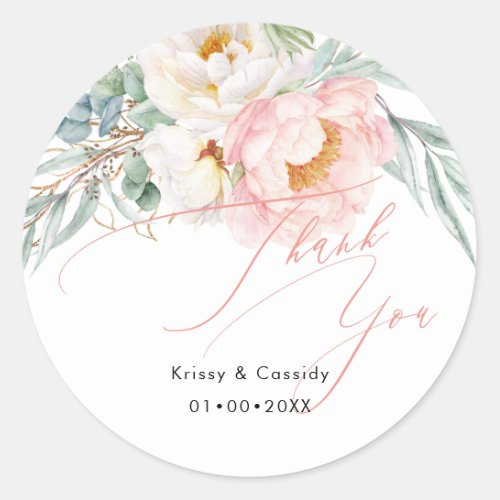 PixDezines Pink White Peonies Thank You Classic Round Sticker