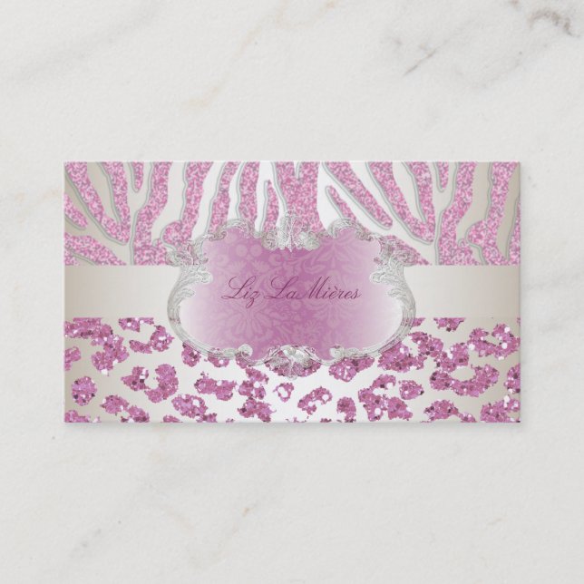 PixDezines pink zebra/leopard/champagne Business Card (Front)