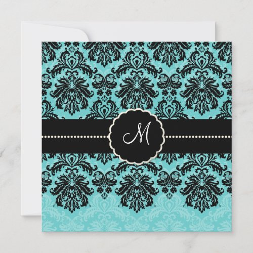 PixDezines Piqué, Damask / Black+Aqua Blue Velvet Personalized Invitation