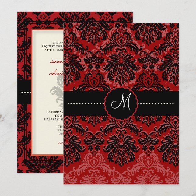 PixDezines Piqué, Damask / Black + Red Velvet Invitation (Front/Back)