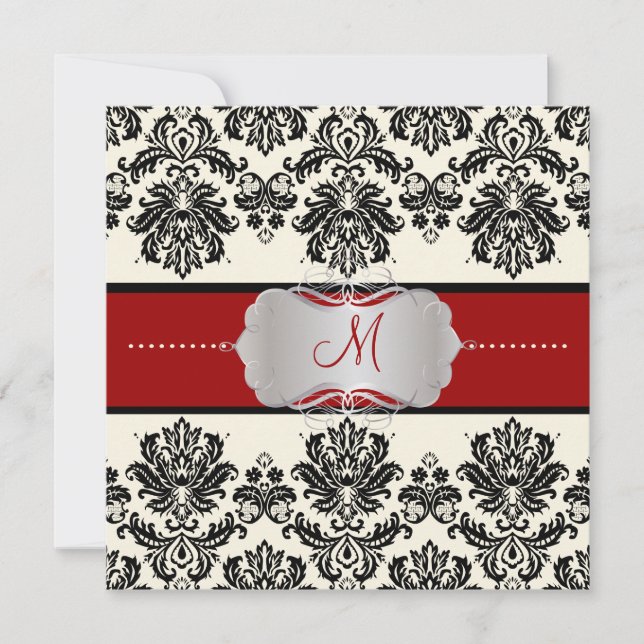 PixDezines Piqué, Damask/DIY color/Black+Off White Invitation (Front)