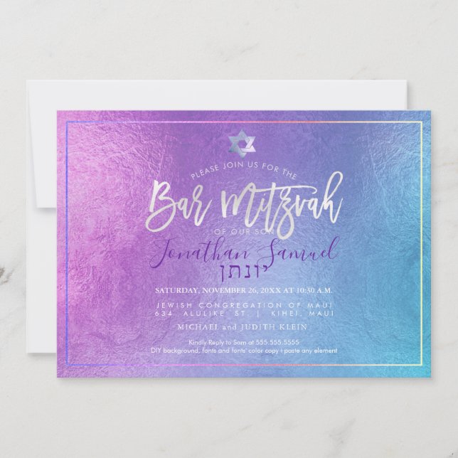 PixDezines Platinum Ombre Teal Bar Mitzvah Invitation (Front)