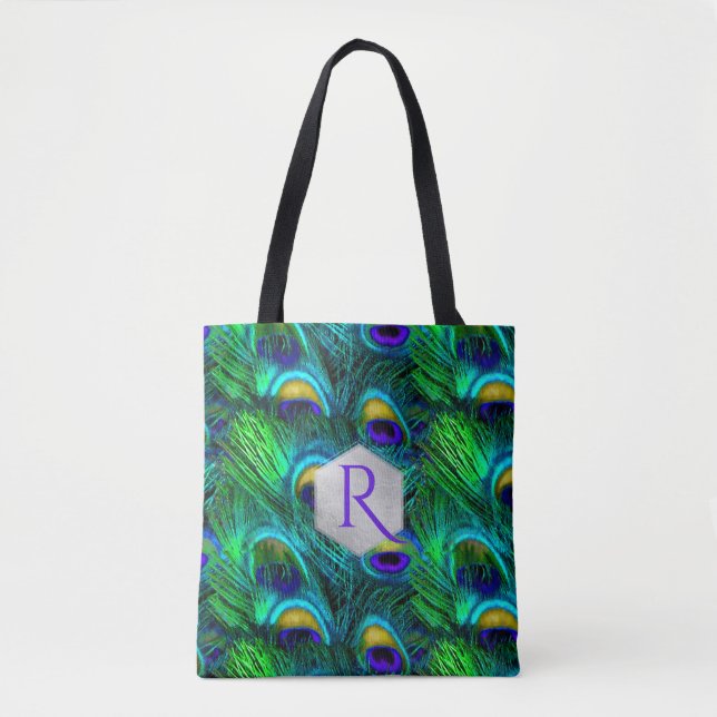 PixDezines PSYCHEDELIC GREEN PEACOCK FEATHER Tote Bag (Front)