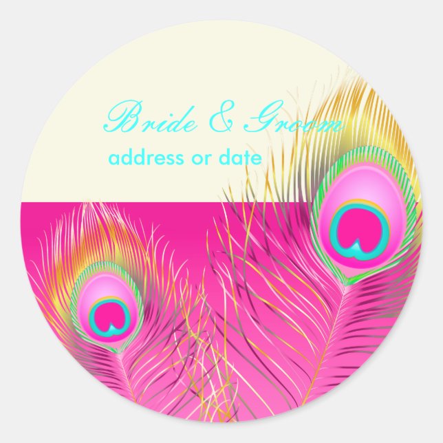 PixDezines psychedelic peacock feather/hot pink Classic Round Sticker (Front)