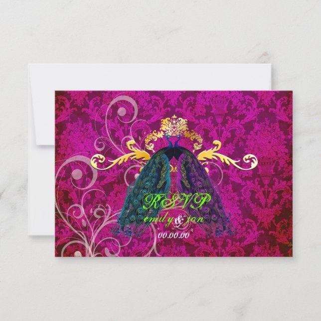 PixDezines psychedelic peacock feather/hot pink RSVP Card (Front)