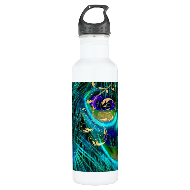 PixDezines psychedelic peacock+filigree swirls Water Bottle (Front)