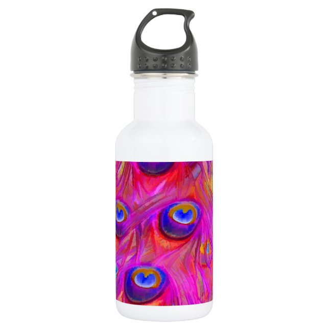 PixDezines psychedelic pink peacock feather Water Bottle (Front)