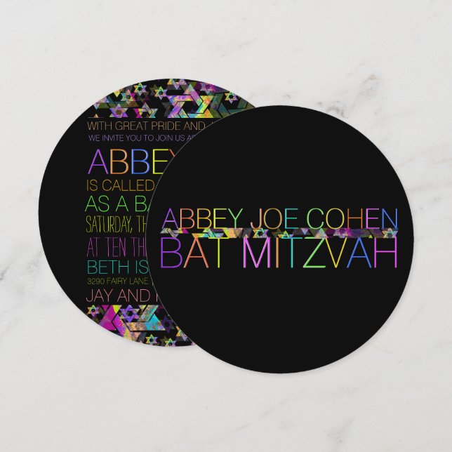 PixDezines psychedelic stars/neon/bat mitzvah Invitation (Front/Back)