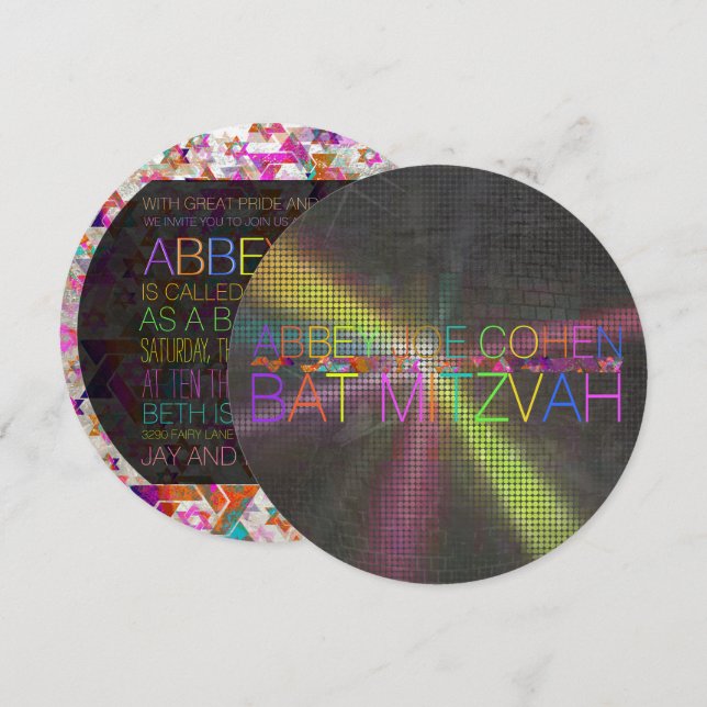 PixDezines psychedelic stars/neon/bat mitzvah Invitation (Front/Back)