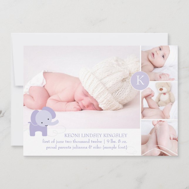 PixDezines purple elephant photos birth announceme Announcement (Front)
