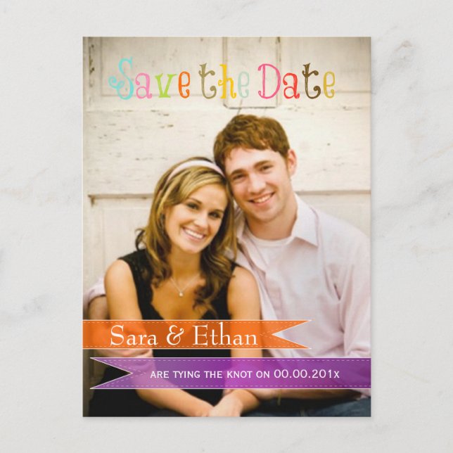 PixDezines purple+orange save the date Announcement Postcard (Front)