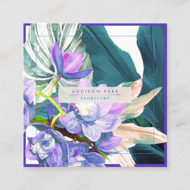 PixDezines Purple Orchid Dark Teal Ti Leaves Square Business Card (Front)