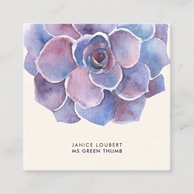 PixDezines Purple Succulent Watercolor Square Business Card (Front)