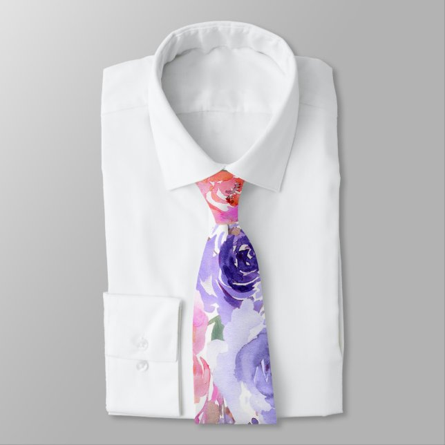 PixDezines Purple Summer Roses Neck Tie (Tied)