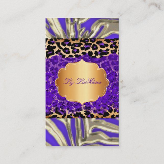 PixDezines purple vintage lace+cheetah+zebra Business Card (Front)