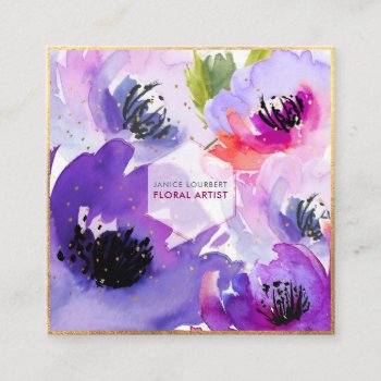 Pixdezines Purple Water Rose/floral Watercolor Square Business Card by Create_Business_Card at Zazzle