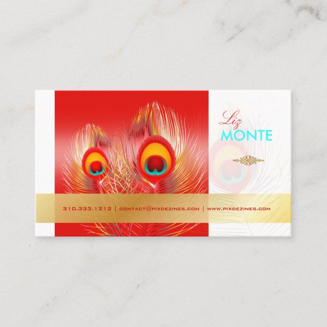 PixDezines Pzazz Peacock Feather for longevity Business Card (Front)