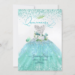 PixDezines Quinceanera Aqua Teal Glitter Gown Invitation