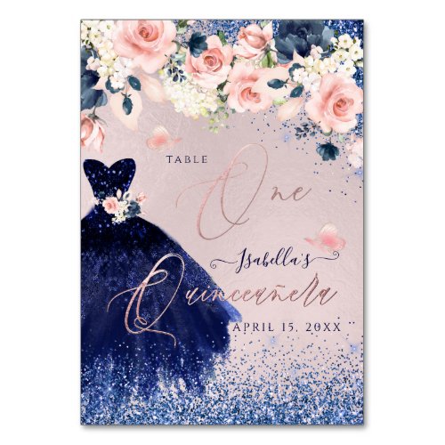 PixDezines Quinceanera Blush Navy Glitter Gown DIY Table Number