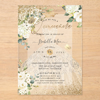 PixDezines Quinceanera Champagne Gold Glitter Gown Acrylic Invitations