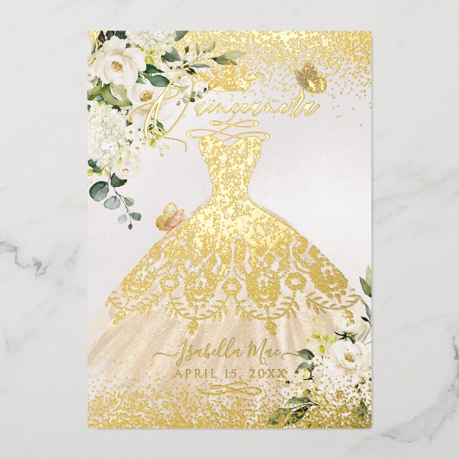 PixDezines Quinceanera Champagne Gold Glitter Gown Foil Invitation (Front)