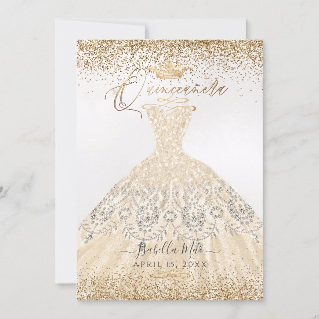 PixDezines Quinceanera Champagne Gold Glitter Gown Invitation (Front)