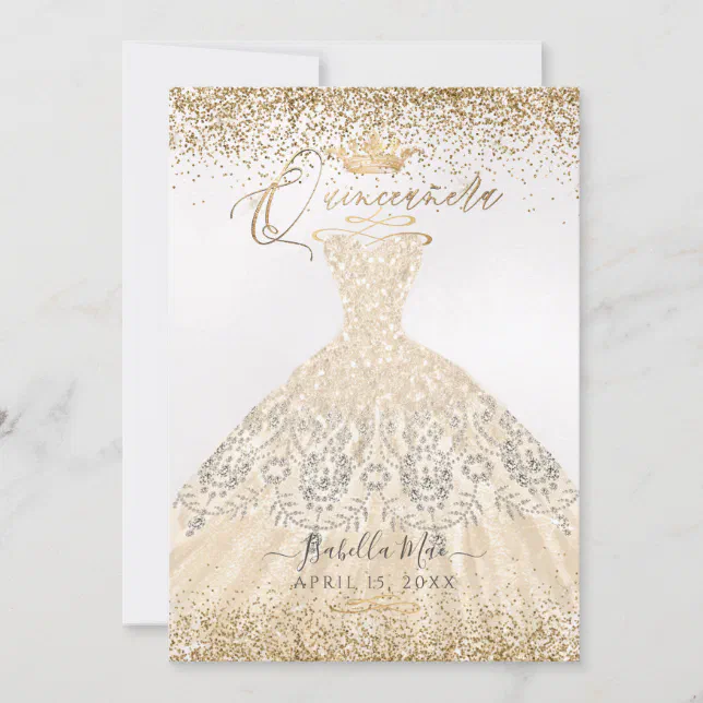 PixDezines Quinceanera Champagne Gold Glitter Gown Invitation | Zazzle