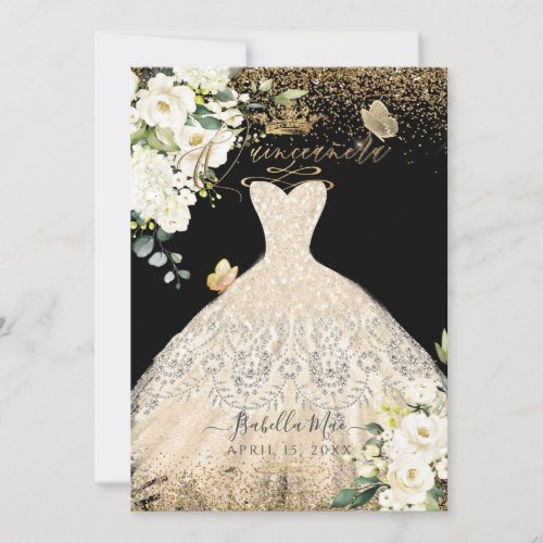 PixDezines Quinceanera Champagne Gold Glitter Gown Invitation