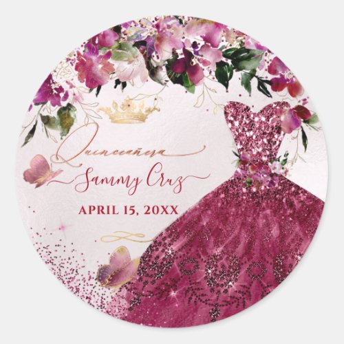 PixDezines Quinceanera Cherry Red Glitter Dress Classic Round Sticker