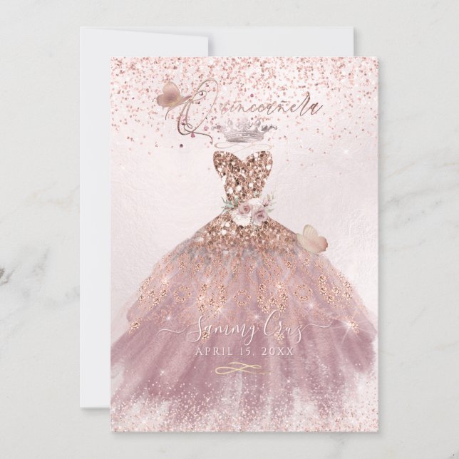 PixDezines Quinceanera Dusty Rose Glitter Gown Invitation (Front)