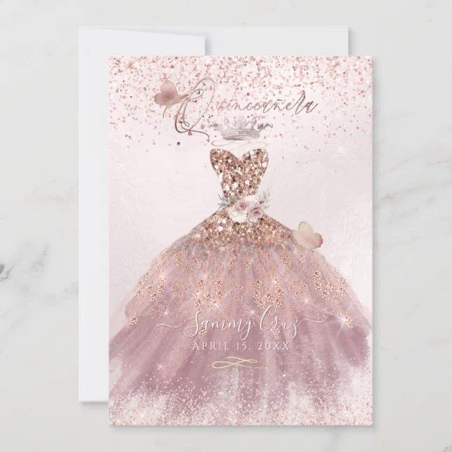 PixDezines Quinceanera Dusty Rose Glitter Gown Invitation | Zazzle