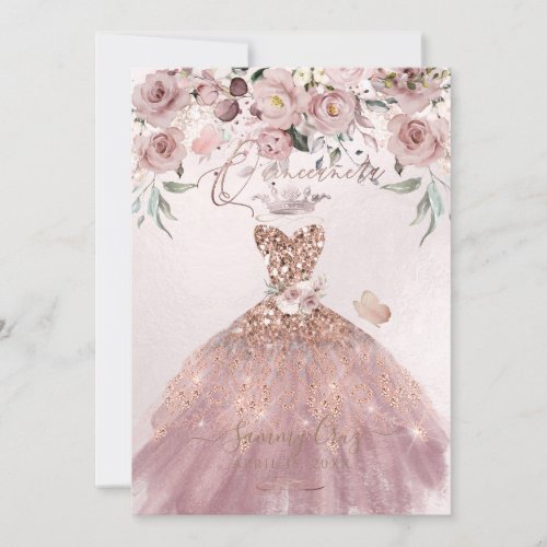 PixDezines Quinceanera Dusty Rose Glitter Gown Invitation