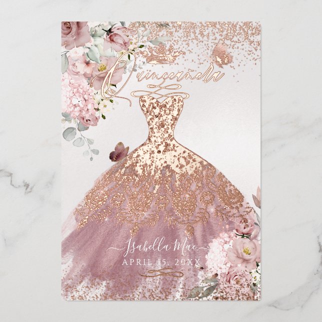 PixDezines Quinceanera Dusty Rose Gold Gown Foil Invitation (Front)