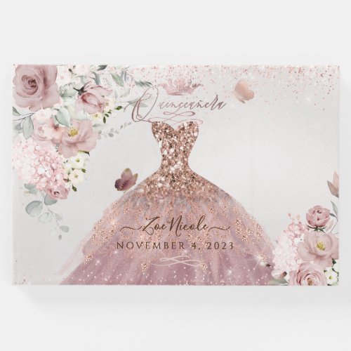 PixDezines Quinceanera Dusty Rose Gold Gown Guest Book