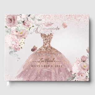 PixDezines Quinceanera Dusty Rose Gold Gown Guest Book
