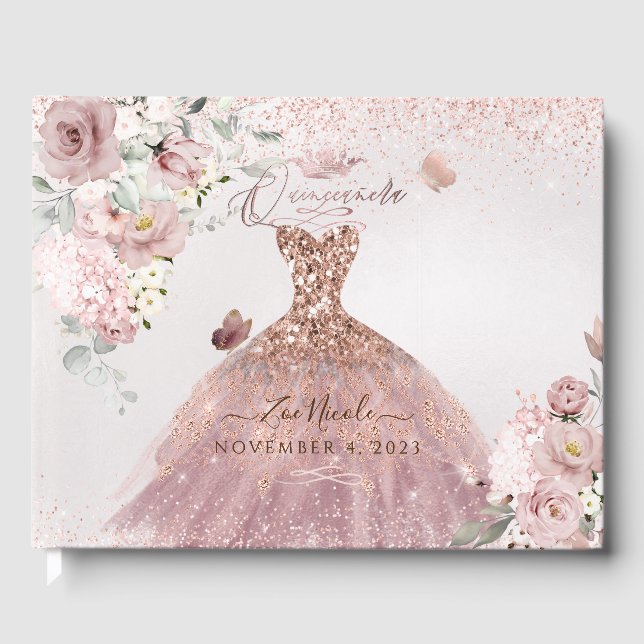 PixDezines Quinceanera Dusty Rose Gold Gown Guest Book (Front)