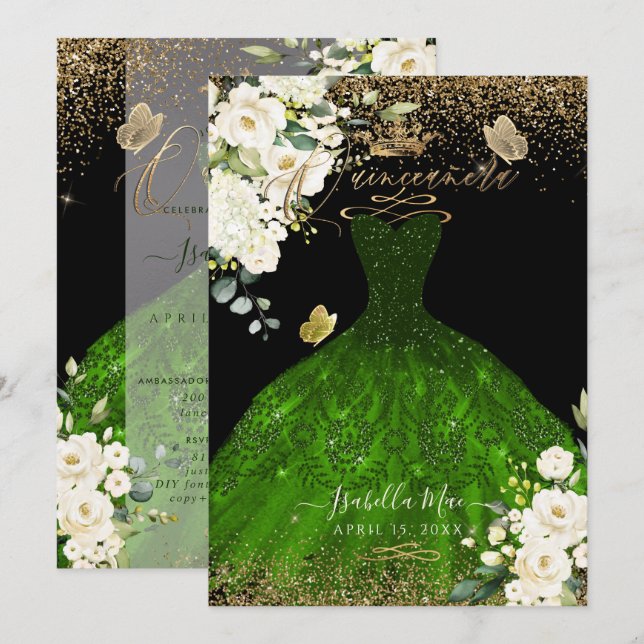 PixDezines Quinceanera Emerald Green Glitter Gown Invitation (Front/Back)
