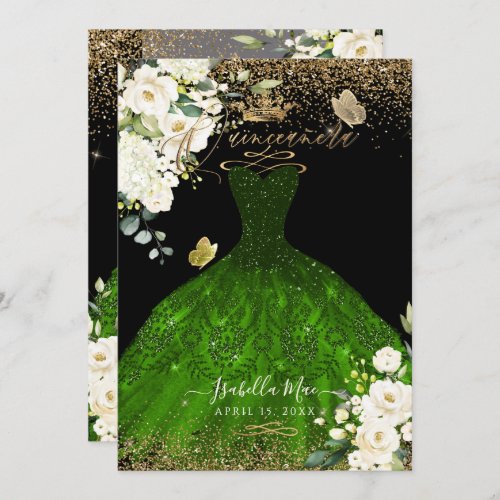 PixDezines Quinceanera Emerald Green Glitter Gown Invitation