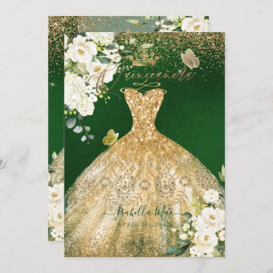 PixDezines Quinceanera Gold Glitter Gown Green Invitation