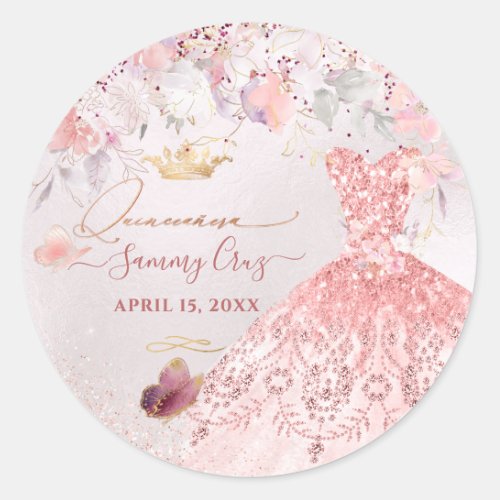 PixDezines Quinceanera H2 Blush Pink Glitter Dress Classic Round Sticker