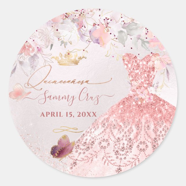 PixDezines Quinceanera H2 Blush Pink Glitter Dress Classic Round Sticker (Front)